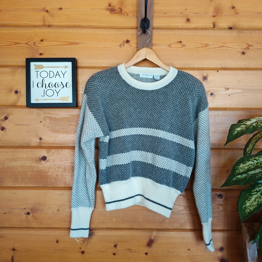 Liz Claiborne Vintage Angora Sweater Gray Crew Neck Lambswool Retro Stripe Small